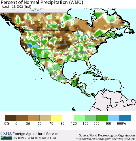 North America Percent of Normal Precipitation (WMO) Thematic Map For 8/8/2022 - 8/14/2022