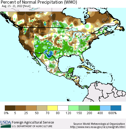 North America Percent of Normal Precipitation (WMO) Thematic Map For 8/15/2022 - 8/21/2022