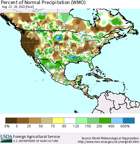 North America Percent of Normal Precipitation (WMO) Thematic Map For 8/22/2022 - 8/28/2022