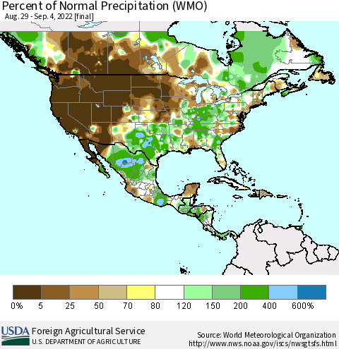 North America Percent of Normal Precipitation (WMO) Thematic Map For 8/29/2022 - 9/4/2022