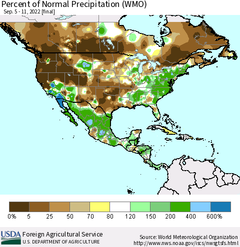 North America Percent of Normal Precipitation (WMO) Thematic Map For 9/5/2022 - 9/11/2022