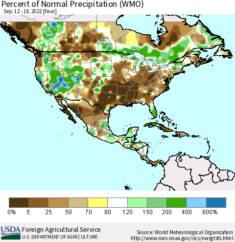 North America Percent of Normal Precipitation (WMO) Thematic Map For 9/12/2022 - 9/18/2022