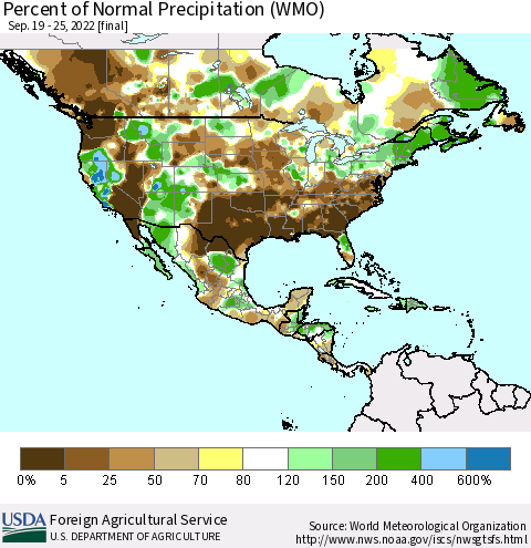 North America Percent of Normal Precipitation (WMO) Thematic Map For 9/19/2022 - 9/25/2022