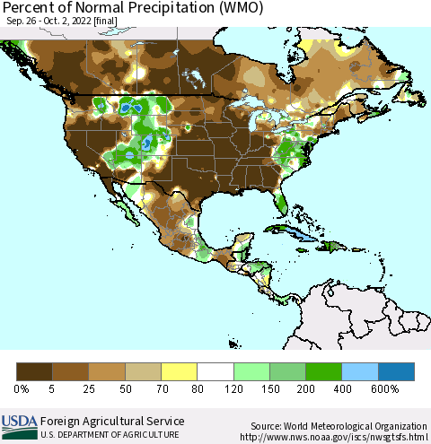 North America Percent of Normal Precipitation (WMO) Thematic Map For 9/26/2022 - 10/2/2022