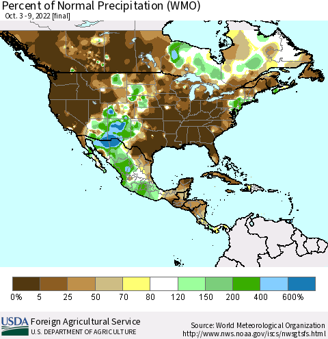North America Percent of Normal Precipitation (WMO) Thematic Map For 10/3/2022 - 10/9/2022