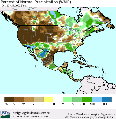 North America Percent of Normal Precipitation (WMO) Thematic Map For 10/10/2022 - 10/16/2022