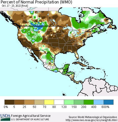 North America Percent of Normal Precipitation (WMO) Thematic Map For 10/17/2022 - 10/23/2022