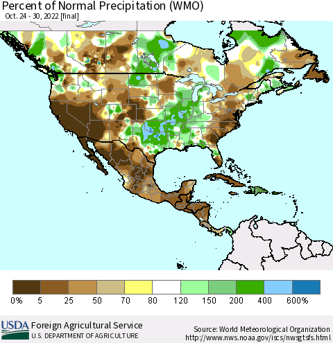 North America Percent of Normal Precipitation (WMO) Thematic Map For 10/24/2022 - 10/30/2022