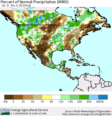 North America Percent of Normal Precipitation (WMO) Thematic Map For 10/31/2022 - 11/6/2022