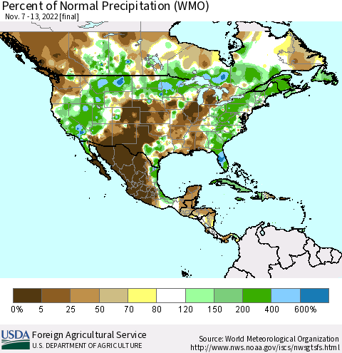 North America Percent of Normal Precipitation (WMO) Thematic Map For 11/7/2022 - 11/13/2022