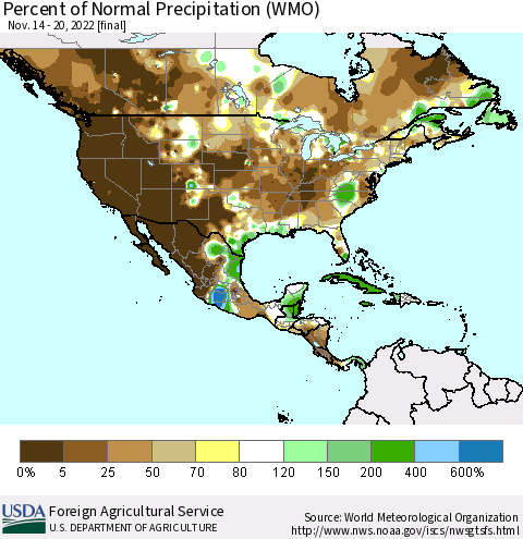 North America Percent of Normal Precipitation (WMO) Thematic Map For 11/14/2022 - 11/20/2022