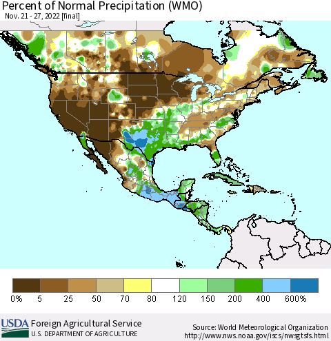 North America Percent of Normal Precipitation (WMO) Thematic Map For 11/21/2022 - 11/27/2022