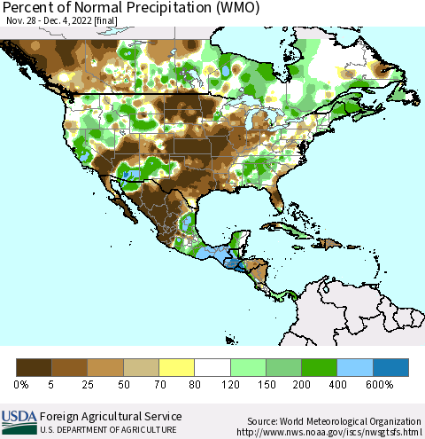 North America Percent of Normal Precipitation (WMO) Thematic Map For 11/28/2022 - 12/4/2022