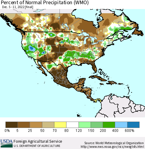 North America Percent of Normal Precipitation (WMO) Thematic Map For 12/5/2022 - 12/11/2022