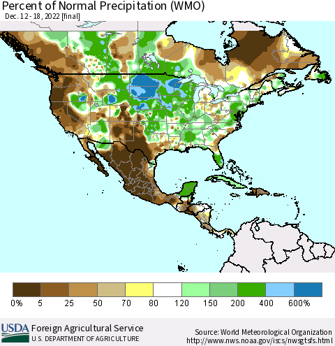 North America Percent of Normal Precipitation (WMO) Thematic Map For 12/12/2022 - 12/18/2022
