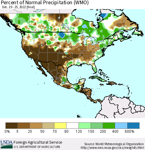 North America Percent of Normal Precipitation (WMO) Thematic Map For 12/19/2022 - 12/25/2022