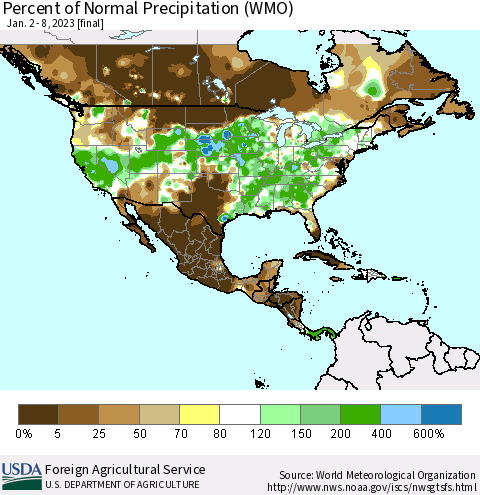 North America Percent of Normal Precipitation (WMO) Thematic Map For 1/2/2023 - 1/8/2023