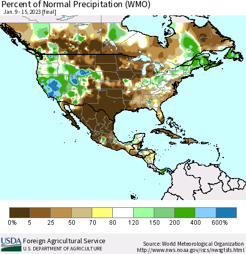 North America Percent of Normal Precipitation (WMO) Thematic Map For 1/9/2023 - 1/15/2023
