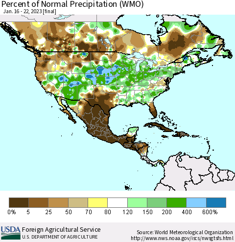 North America Percent of Normal Precipitation (WMO) Thematic Map For 1/16/2023 - 1/22/2023
