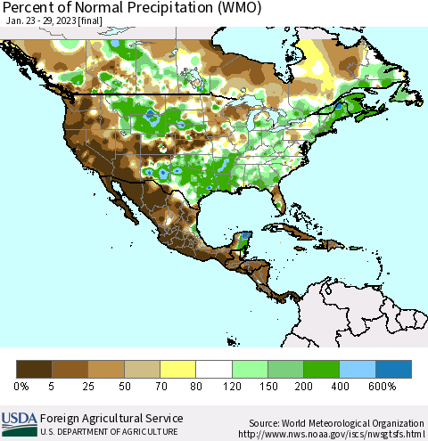 North America Percent of Normal Precipitation (WMO) Thematic Map For 1/23/2023 - 1/29/2023