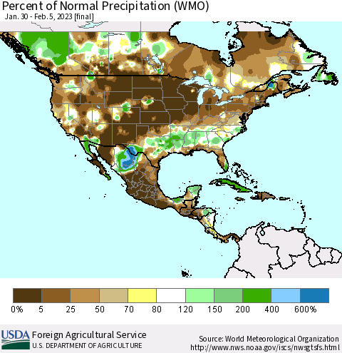 North America Percent of Normal Precipitation (WMO) Thematic Map For 1/30/2023 - 2/5/2023