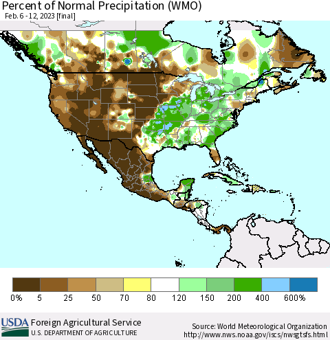North America Percent of Normal Precipitation (WMO) Thematic Map For 2/6/2023 - 2/12/2023