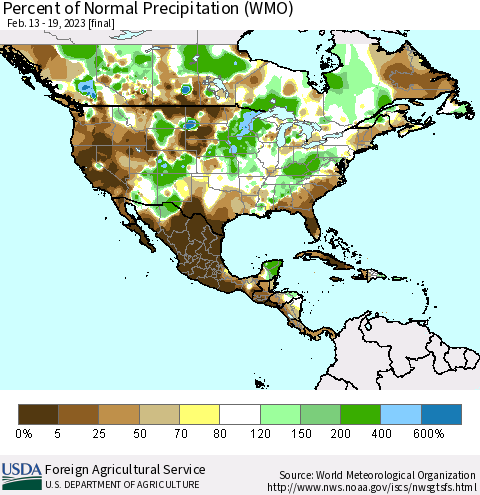North America Percent of Normal Precipitation (WMO) Thematic Map For 2/13/2023 - 2/19/2023