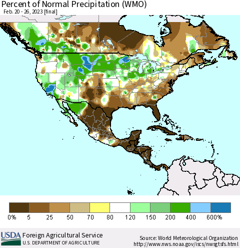 North America Percent of Normal Precipitation (WMO) Thematic Map For 2/20/2023 - 2/26/2023