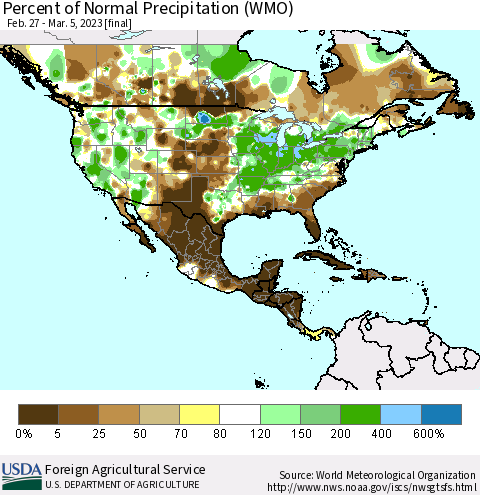 North America Percent of Normal Precipitation (WMO) Thematic Map For 2/27/2023 - 3/5/2023