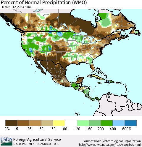 North America Percent of Normal Precipitation (WMO) Thematic Map For 3/6/2023 - 3/12/2023