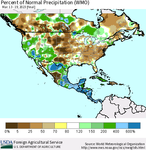 North America Percent of Normal Precipitation (WMO) Thematic Map For 3/13/2023 - 3/19/2023