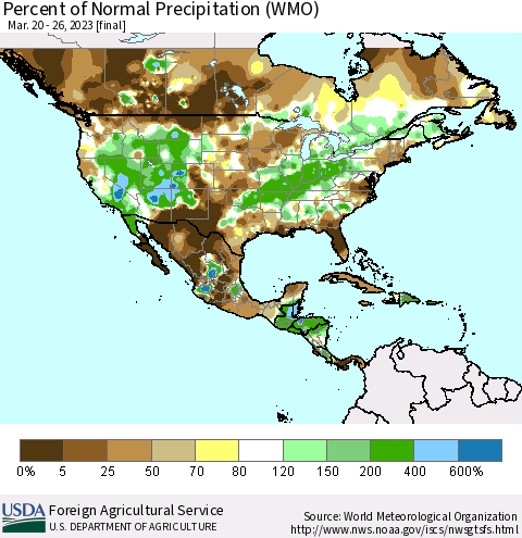 North America Percent of Normal Precipitation (WMO) Thematic Map For 3/20/2023 - 3/26/2023