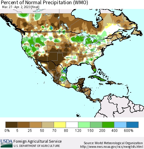 North America Percent of Normal Precipitation (WMO) Thematic Map For 3/27/2023 - 4/2/2023