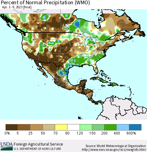 North America Percent of Normal Precipitation (WMO) Thematic Map For 4/3/2023 - 4/9/2023
