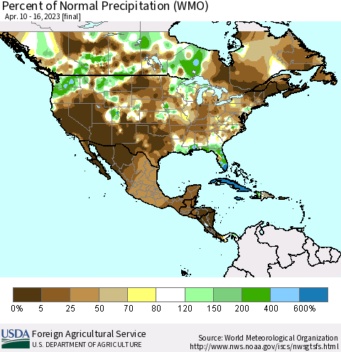 North America Percent of Normal Precipitation (WMO) Thematic Map For 4/10/2023 - 4/16/2023