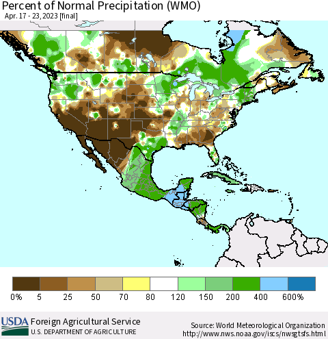 North America Percent of Normal Precipitation (WMO) Thematic Map For 4/17/2023 - 4/23/2023