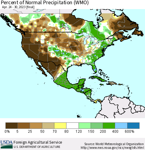 North America Percent of Normal Precipitation (WMO) Thematic Map For 4/24/2023 - 4/30/2023