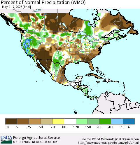 North America Percent of Normal Precipitation (WMO) Thematic Map For 5/1/2023 - 5/7/2023