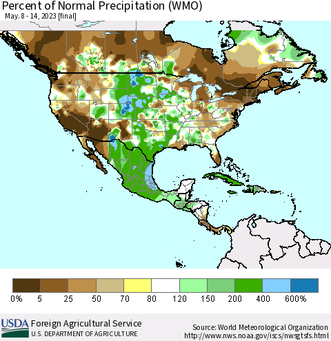 North America Percent of Normal Precipitation (WMO) Thematic Map For 5/8/2023 - 5/14/2023