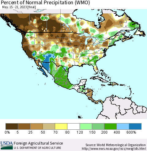 North America Percent of Normal Precipitation (WMO) Thematic Map For 5/15/2023 - 5/21/2023