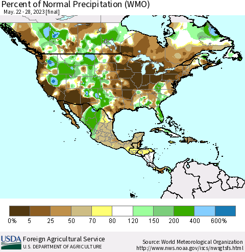 North America Percent of Normal Precipitation (WMO) Thematic Map For 5/22/2023 - 5/28/2023