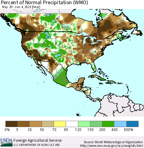 North America Percent of Normal Precipitation (WMO) Thematic Map For 5/29/2023 - 6/4/2023