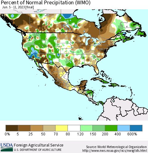 North America Percent of Normal Precipitation (WMO) Thematic Map For 6/5/2023 - 6/11/2023