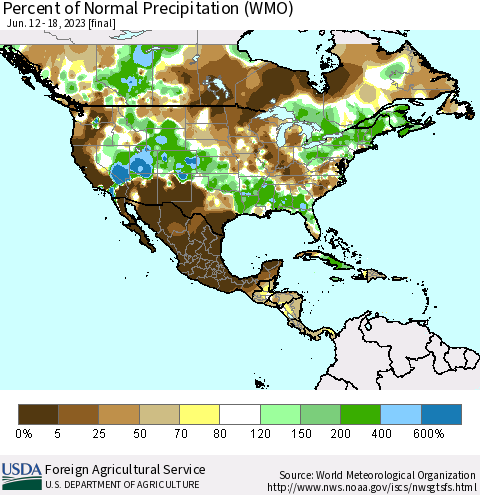 North America Percent of Normal Precipitation (WMO) Thematic Map For 6/12/2023 - 6/18/2023