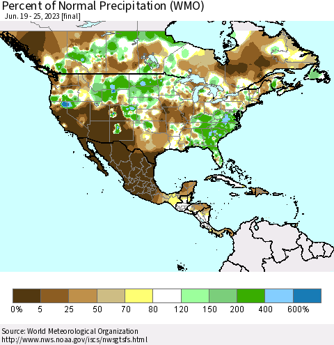 North America Percent of Normal Precipitation (WMO) Thematic Map For 6/19/2023 - 6/25/2023