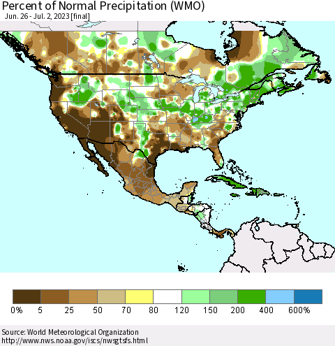 North America Percent of Normal Precipitation (WMO) Thematic Map For 6/26/2023 - 7/2/2023