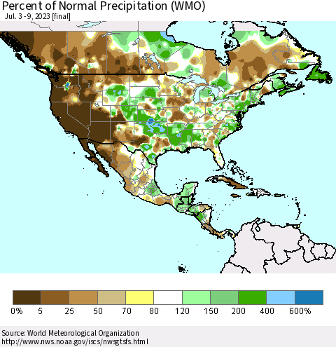 North America Percent of Normal Precipitation (WMO) Thematic Map For 7/3/2023 - 7/9/2023