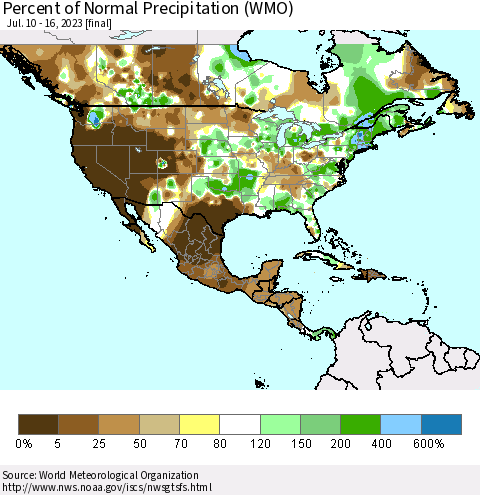 North America Percent of Normal Precipitation (WMO) Thematic Map For 7/10/2023 - 7/16/2023