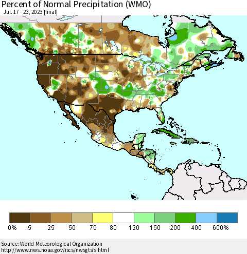 North America Percent of Normal Precipitation (WMO) Thematic Map For 7/17/2023 - 7/23/2023