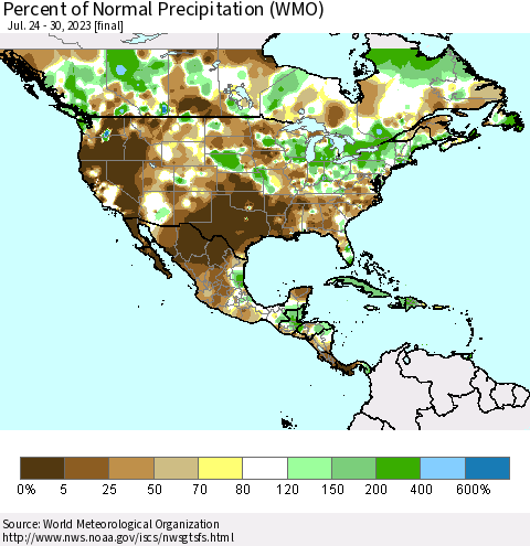 North America Percent of Normal Precipitation (WMO) Thematic Map For 7/24/2023 - 7/30/2023